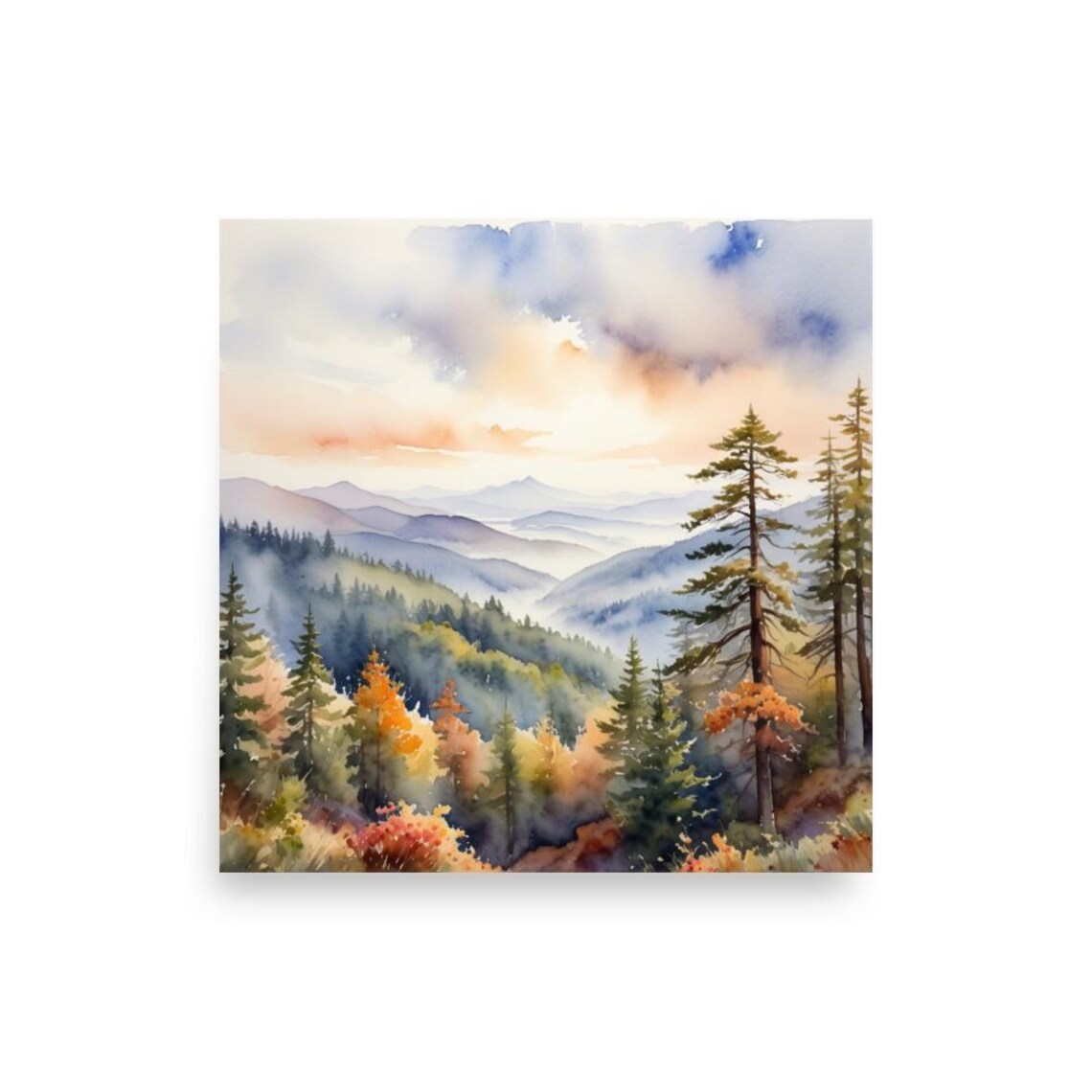 Smoky Mountains Autumn Ridgelines In Morning Fog Watercolor Poster - Image 2