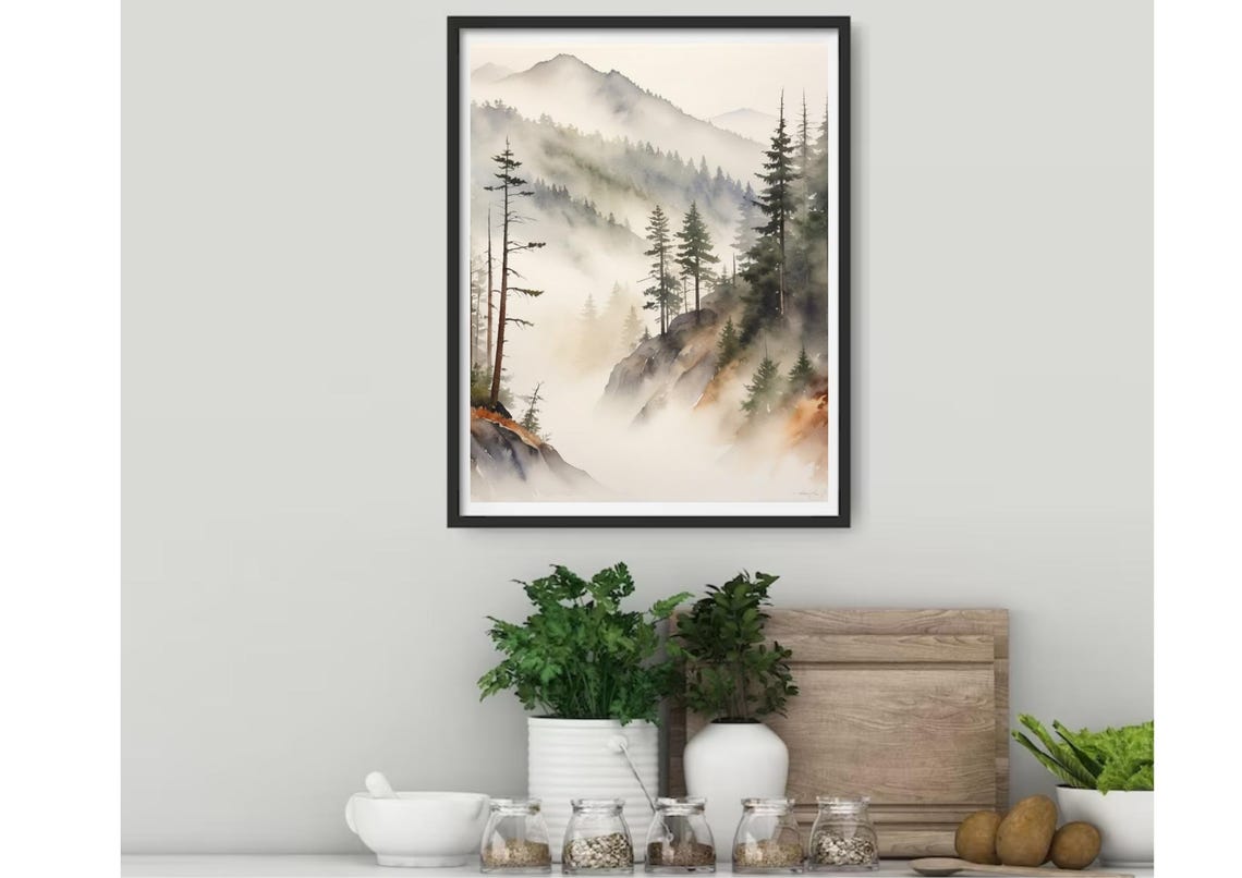 Misty Mountain Peaks With Tall Pines In Soft Gray Watercolor Poster - Image 2
