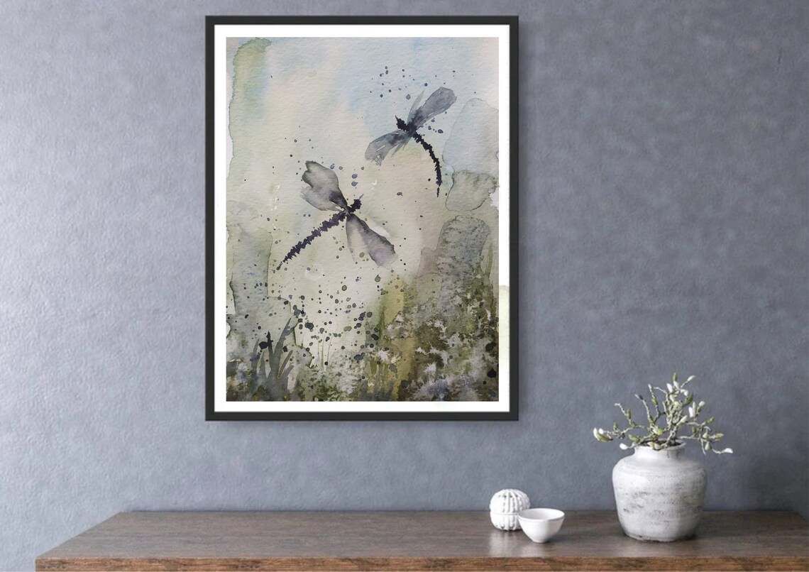 Dragonfly Watercolor Painting Wild Flowers And Dragonfly Print Insects Watercolor Print Botanical Abstract Print Flowers Field Watercolor - Image 4