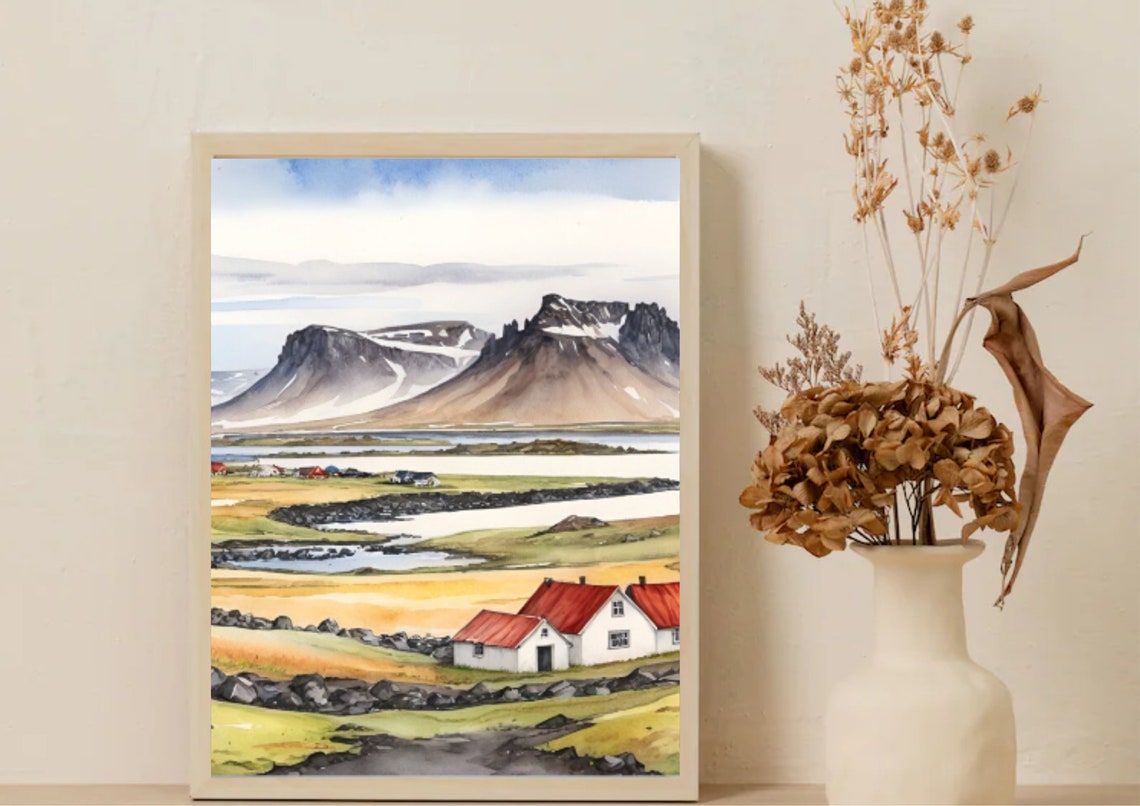 Iceland Painting Iceland House Watercolor Art Print Mountain Landscape Wall Art Panoramic Scandinavian Country Landscape Art Iceland Gifts - Image 5