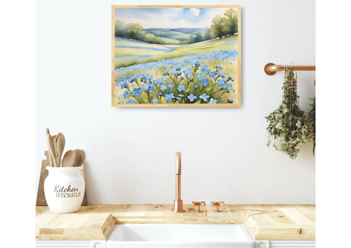 Forget Me Not Valley Of Blue Wildflowers Under Rolling Hills Poster - Image 3