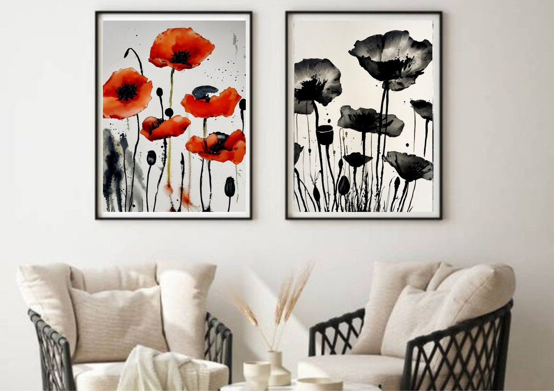 Poppy Painting Poppies Watercolor And Ink Art Print Poppy Sketch Wall Art Black And White Wall Art Flowers Sketch Botanical Nature Print - Image 4