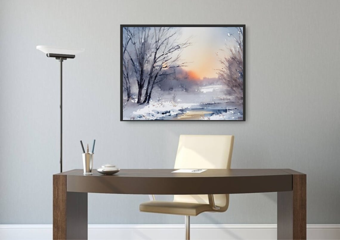 Winter Sunrise Glowing Through Foggy Forest Stream Watercolor Poster - Image 3