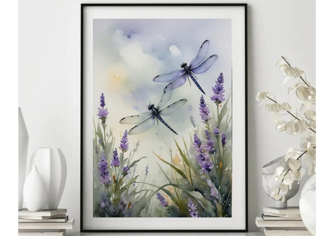 Dragonfly Pair and Lavender Meadow Watercolor Art Print - Image 5