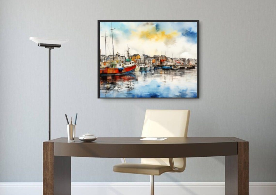 Scandinavian Fishing Village Painting Fishing Ships Watercolor Art Print Harbor Wall Art Scandinavian Houses Art Panoramic Sea Port Painting - Image 5