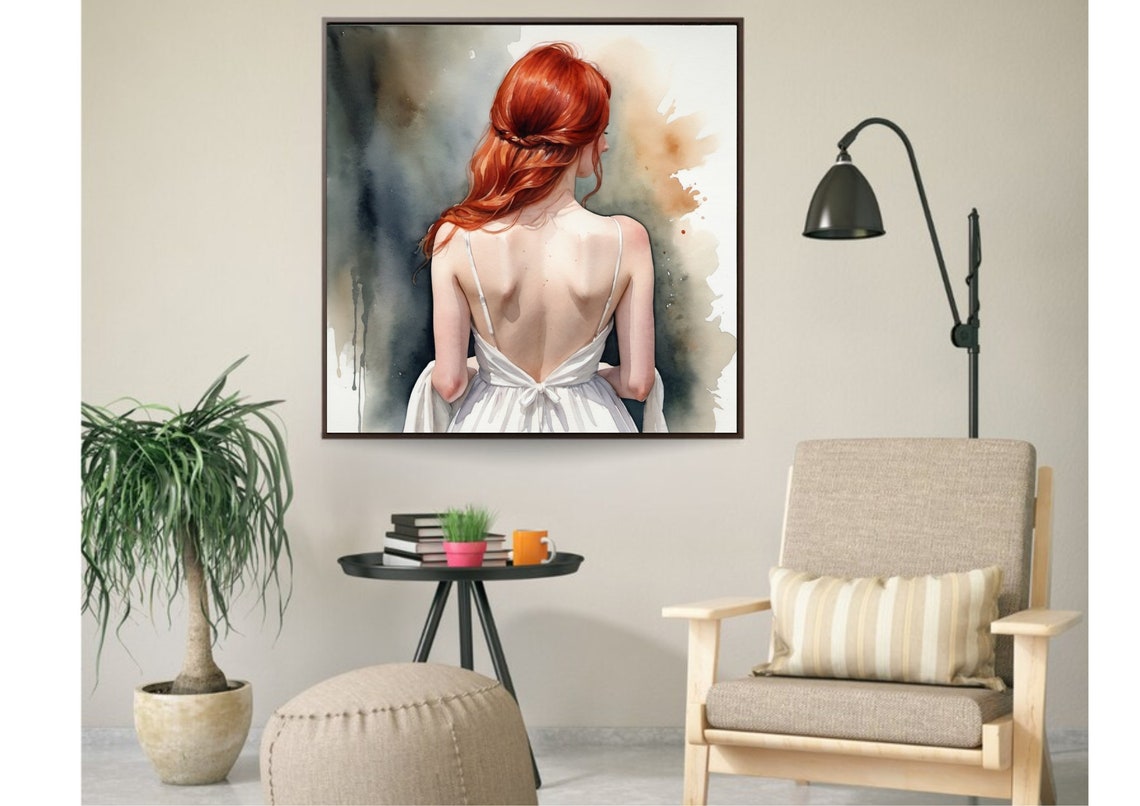 Woman In Behind Painting Woman With Red Hair Portrait Watercolor Print Female Portrait In Back Wall Art Woman With Red Hair And White Dress - Image 4