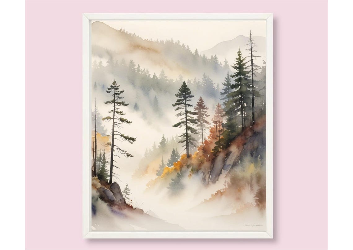 Great Smoky Mountains Painting North Carolina Autumn Landscape Watercolor Art Print Foggy Pine Forest Wall Art Misty Forest Nature Art - Image 6
