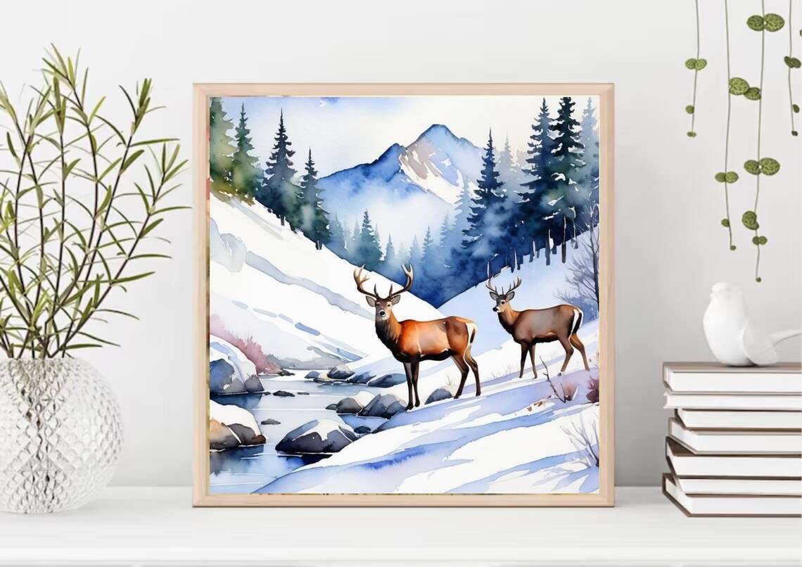 Two Deer in Snowy Mountain Winter Wonderland Watercolor Poster - Image 5