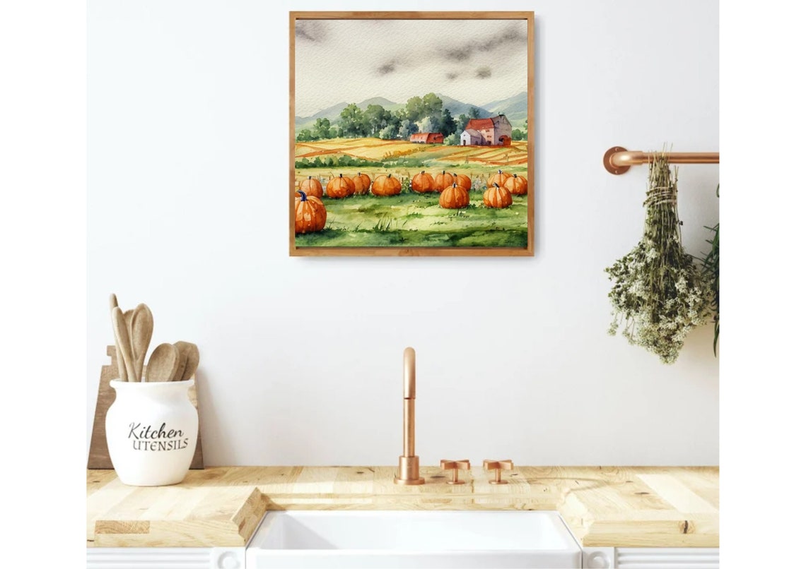 Pumpkins Farm Watercolor Painting Pumpkins Patch And Formhouse Art Print Country Landscape Wall Art Autumn Farmhouse Landscape Art Prints - Image 3