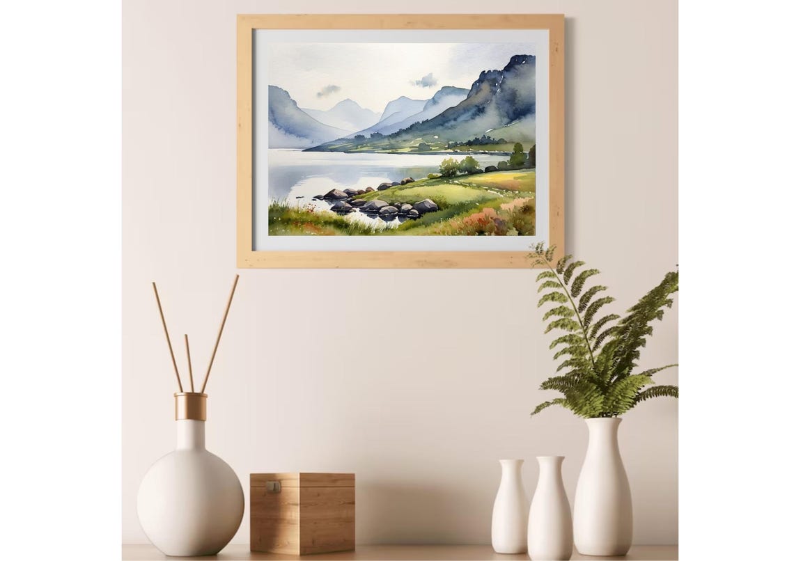 Tranquil Scottish Mountain Lake Watercolor Scenic Nature Poster - Image 3
