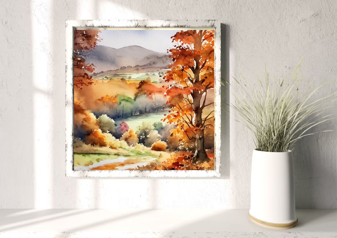 Autumn English Country Landscape Watercolor Art Print - Image 2