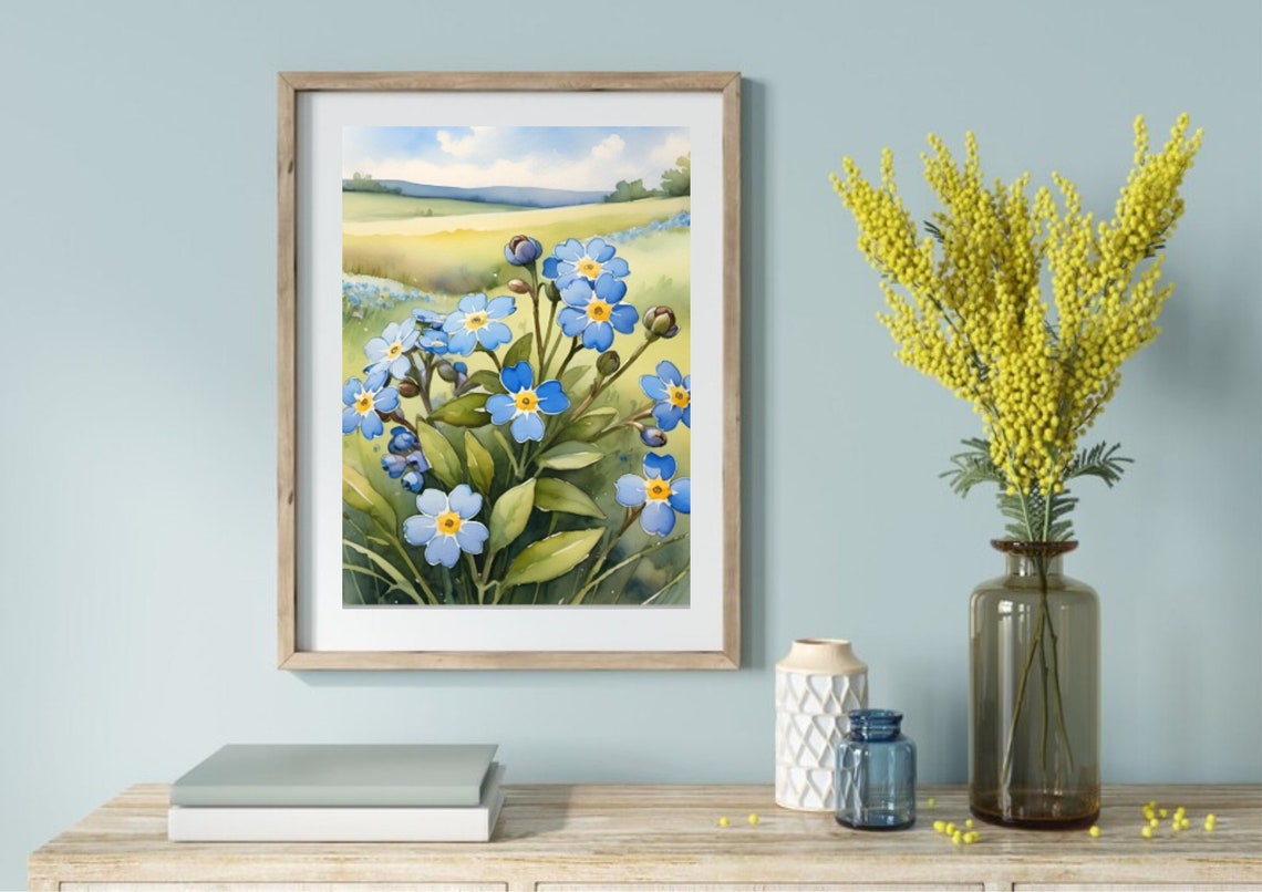 Blue Forget Me Nots Blooming In A Sunny Meadow Watercolor Poster - Image 5