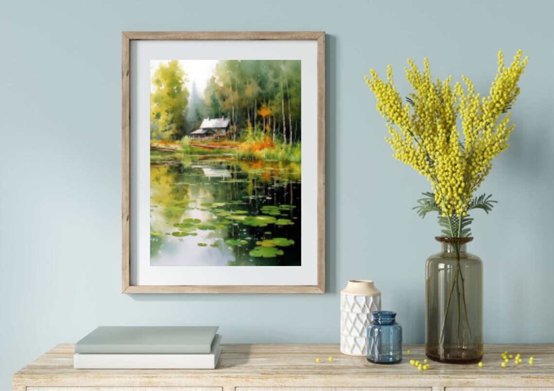 Forest Lake Cabin Reflections Lily Pads Peaceful Watercolor Poster - Image 4
