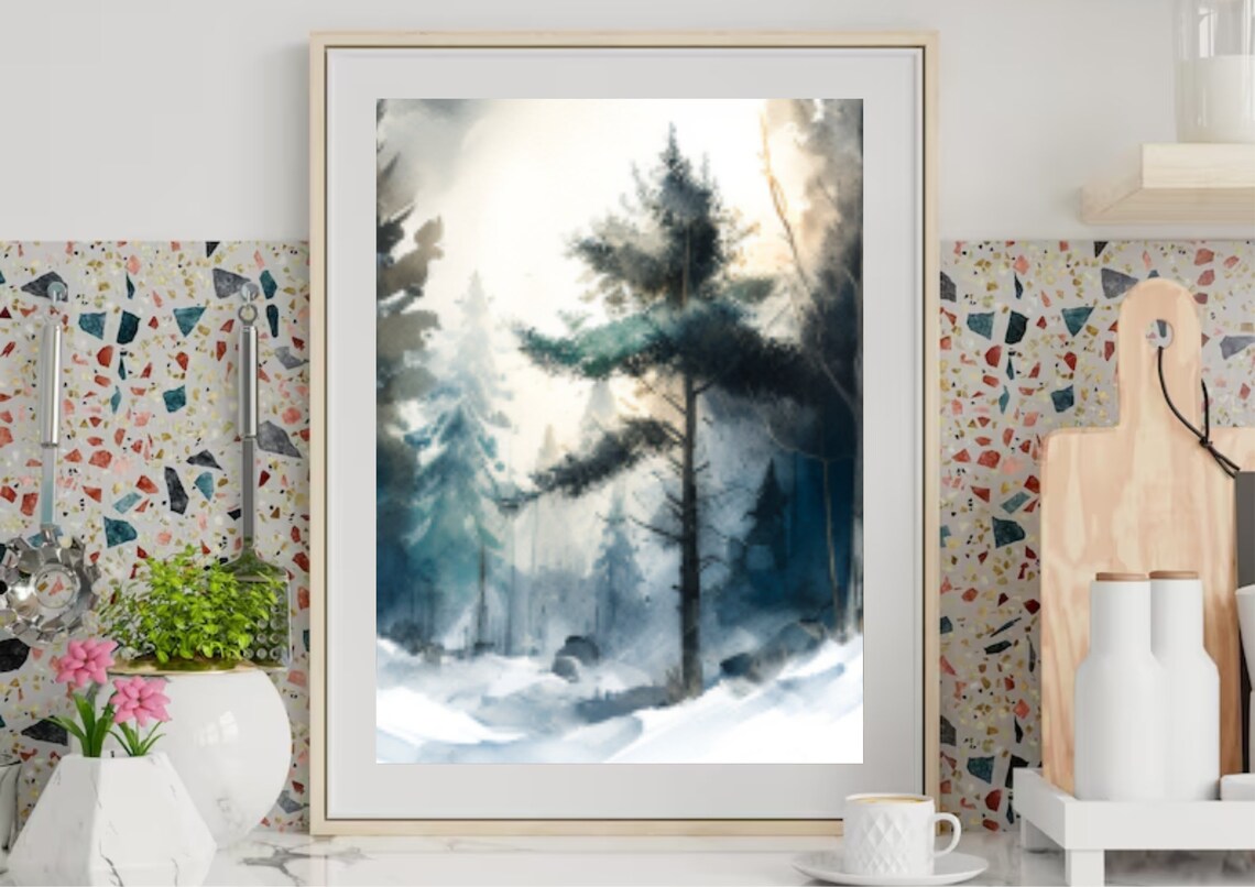 Snowy Winter Pine Forest Watercolor With Soft Breaking Sunlight Poster - Image 4
