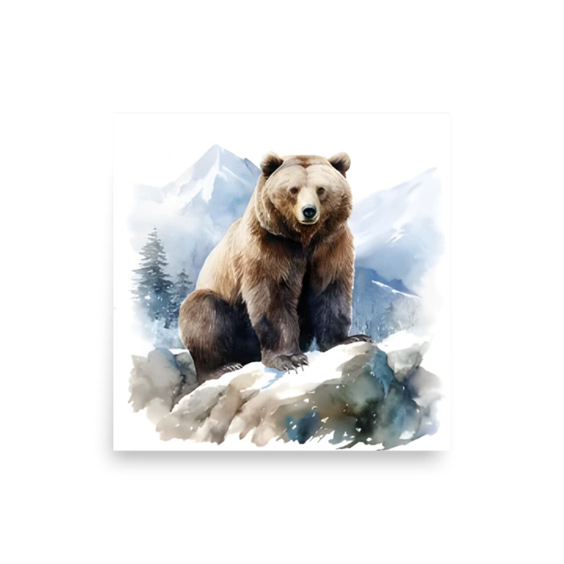 Grizzly Bear Sitting On Rocky Outcrop Watercolor Wildlife Art Poster - Image 3