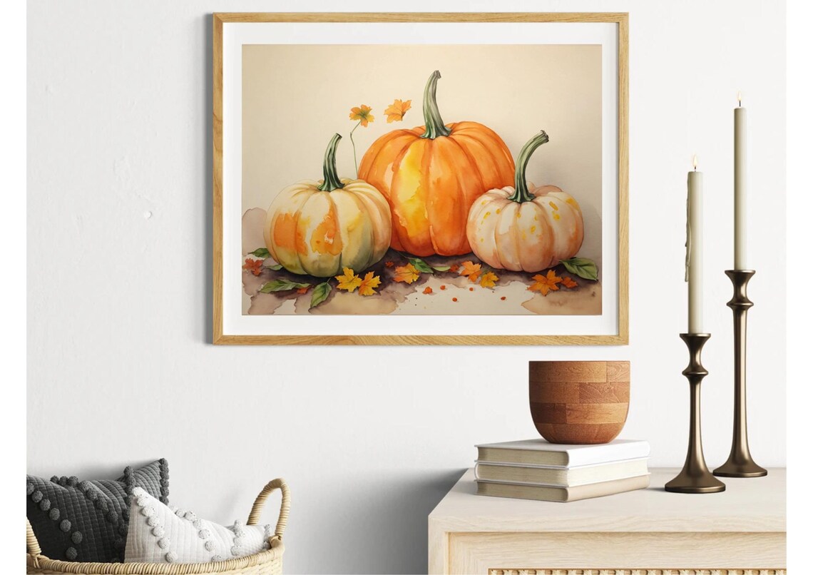 Pumpkins With Autumn Leaves Watercolor Fall Still Life Kitchen Poster - Image 6