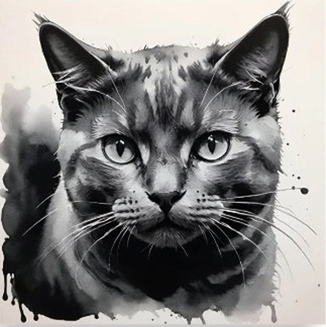 Black White Cat Portrait Ink Watercolor Sketch Pet Art Poster - Image 6