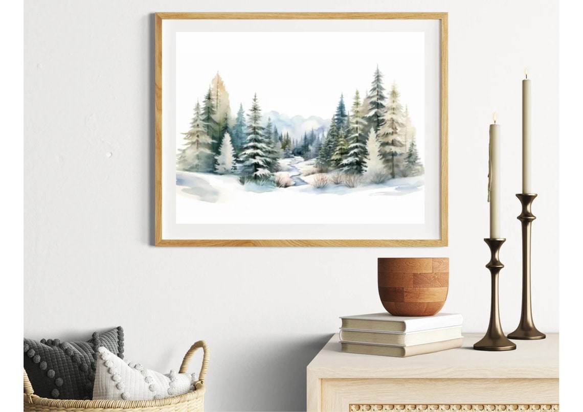 Snowy Pine Forest With Winding Stream Watercolor Winter Art Poster - Image 4