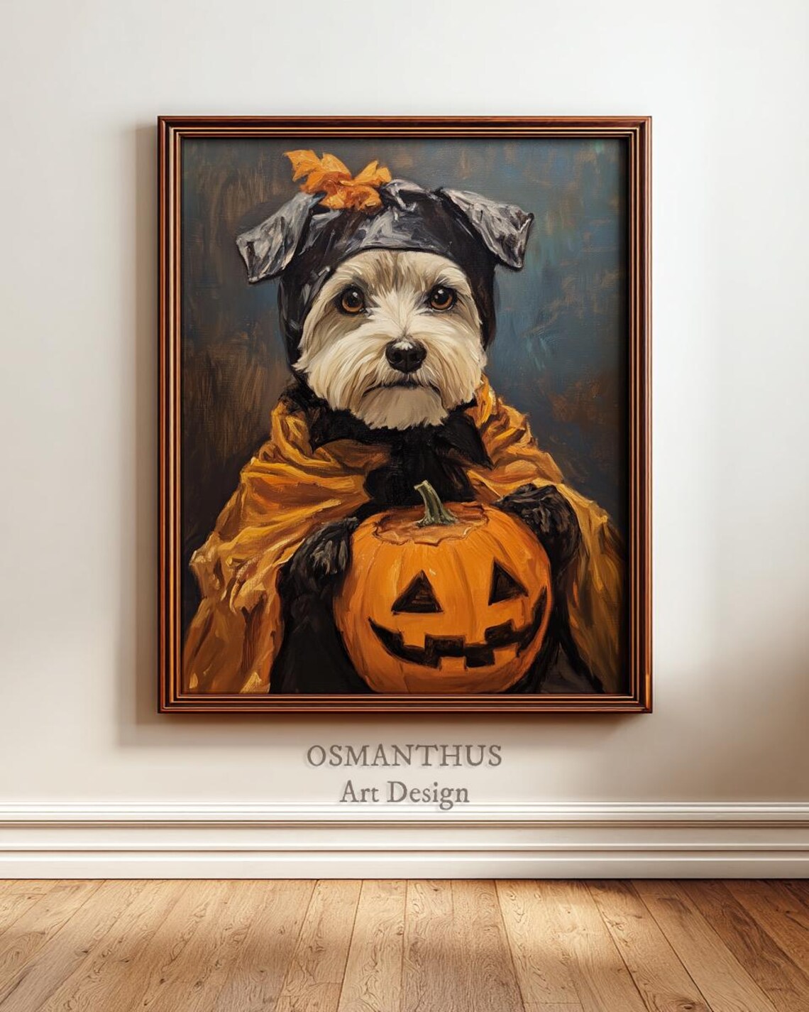 Terrier Dog In Witch Hat And Orange Cape Holding Pumpkin Poster