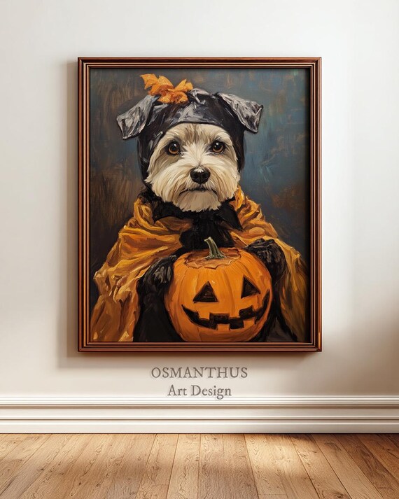 Rustic Halloween Dog Oil Painting Wall Art Cute Puppy In Costume Jackolantern Decor Vintage Holiday Print Cozy Home 108