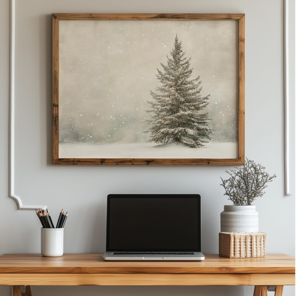 Lone Snowy Pine Tree Winter Landscape Neutral Minimalist Poster