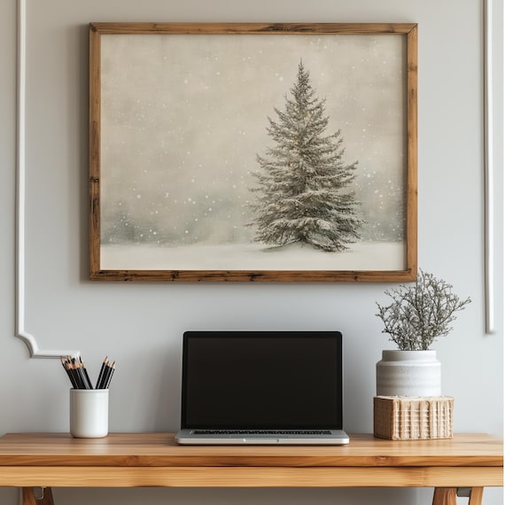 Lone Snowy Pine Tree Winter Landscape Neutral Minimalist Poster