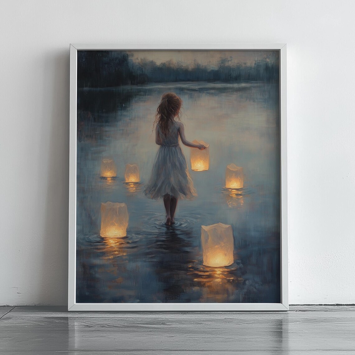 Evening Paper Lanterns On Water Young Girl Glowing Serene Night Scene Wall Art Dreamlike Reflection Decor 318