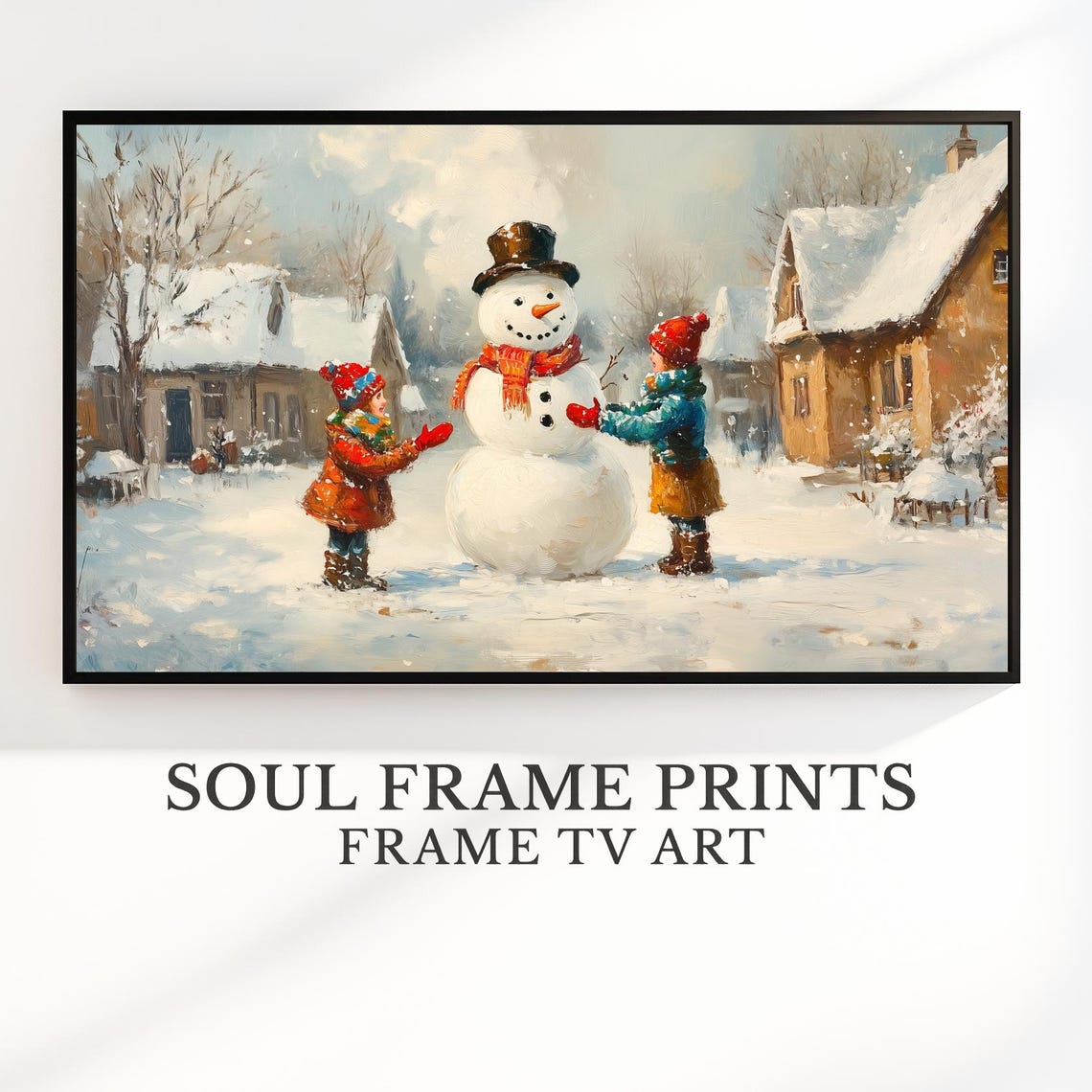 Children Building Snowman Cozy Winter Village Painting Wall Art