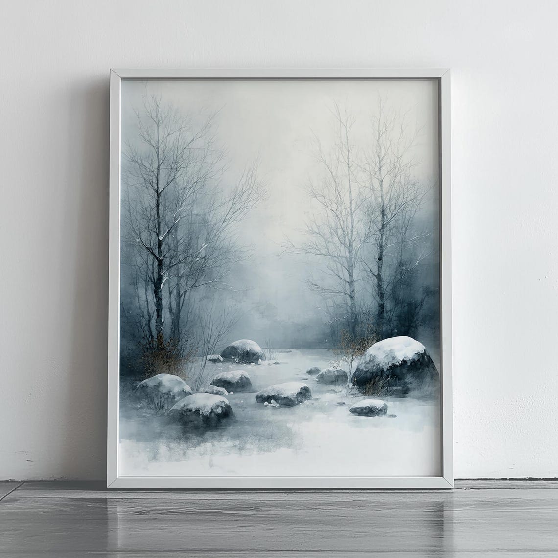 Winter Forest Snow Scene Misty Bare Trees Minimalist Landscape Print