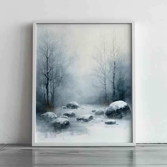 Winter Forest Landscape Wall Art Peaceful Snow Scene Print Minimalist Frosty Nature Decor Cozy Seasonal Artwork For Home