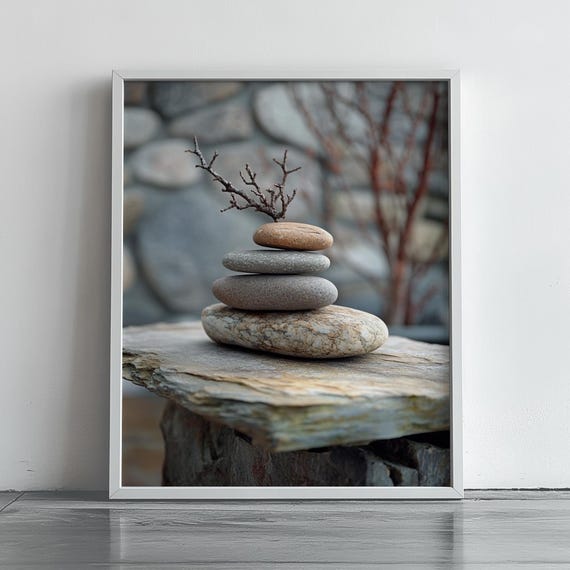 Zen Balanced Stone Cairn With A Bare Twig On A Rock Ledge Poster