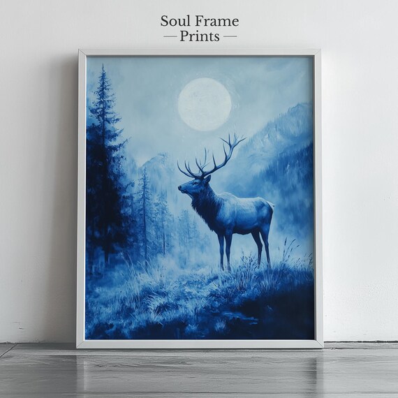 Majestic Elk Under Moonlight Wall Art Wilderness Forest Scene Blue Monochrome Wildlife Decor Nature Landscape 454