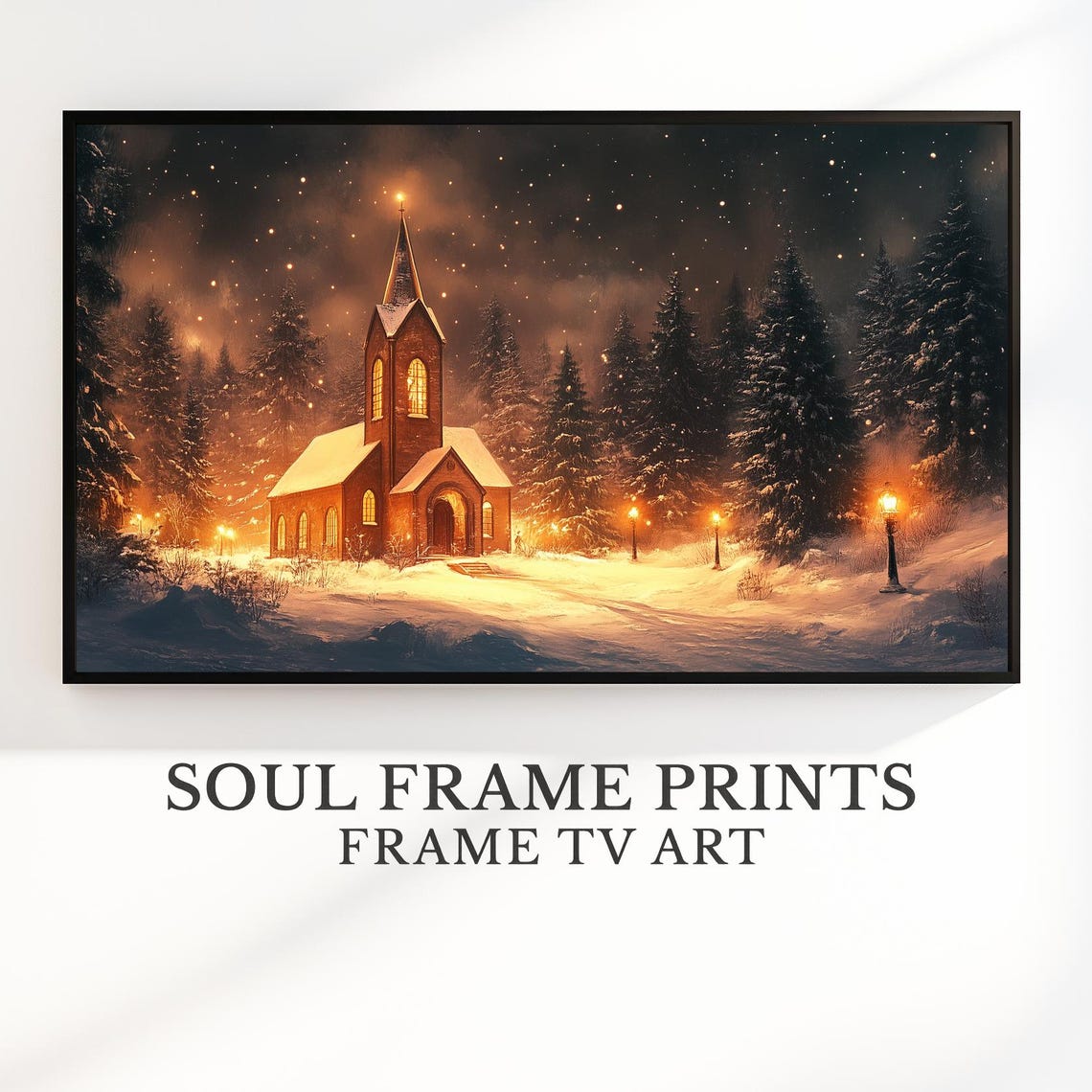 Glowing Christmas Eve Church Snowy Night Winter Wonderland Wall Art