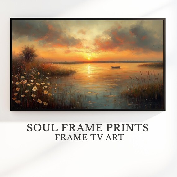 Sunset Marsh Wildflowers with Boat Oil Painting Coastal Poster