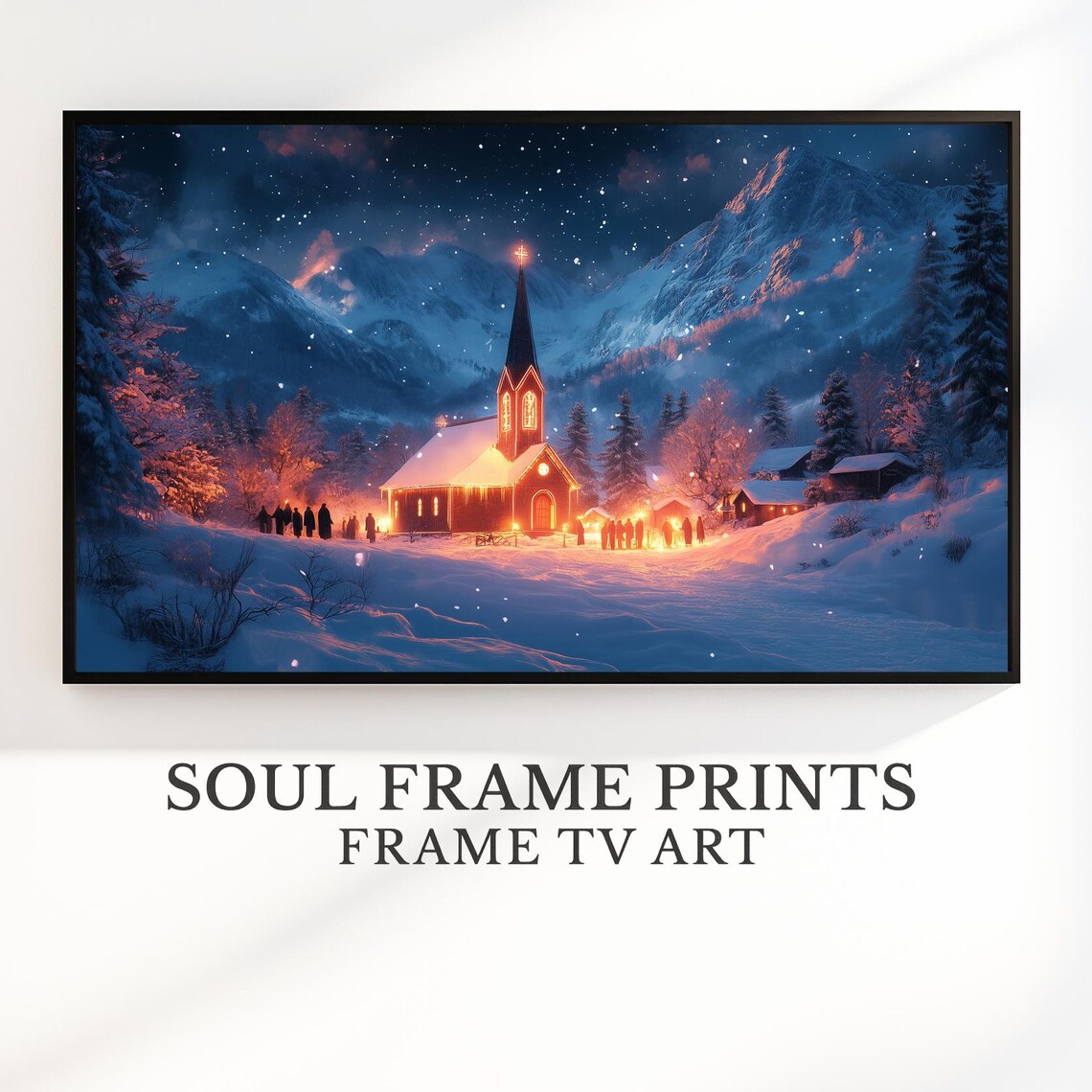 Glowing Chapel Night Snowy Mountain Winter Church Landscape Art Poster