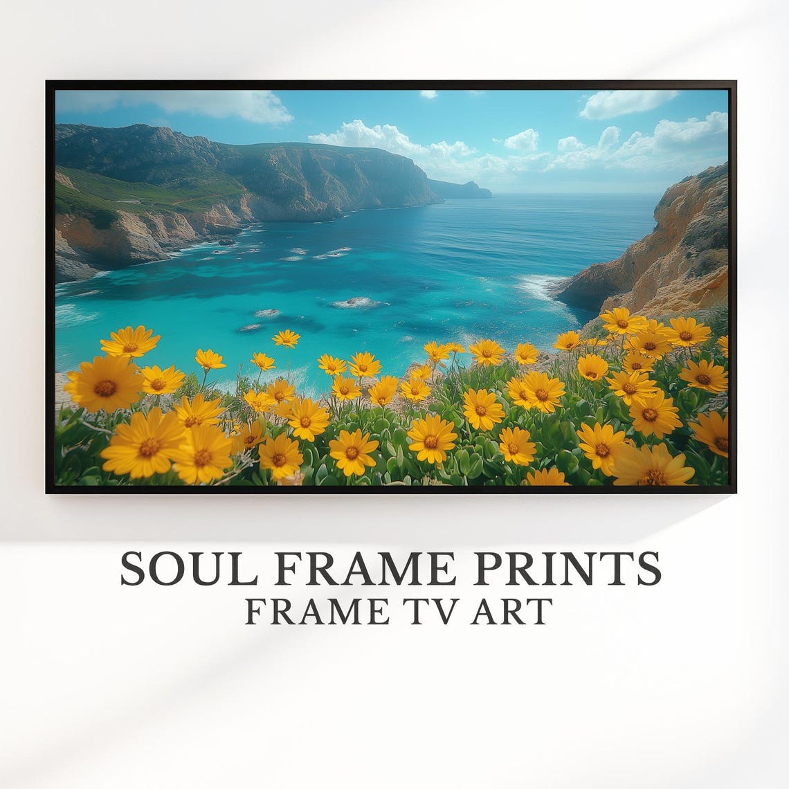 Coastal Cliff Yellow Wildflowers Turquoise Ocean TV Art Print
