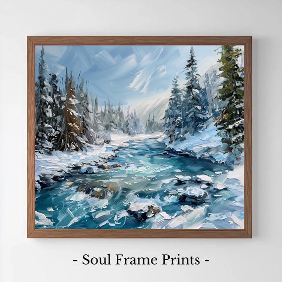 Winter Mountain River Scene Snowy Landscape Art Rustic Cottage Decor Ice And Pines Tranquil Wall Print 120