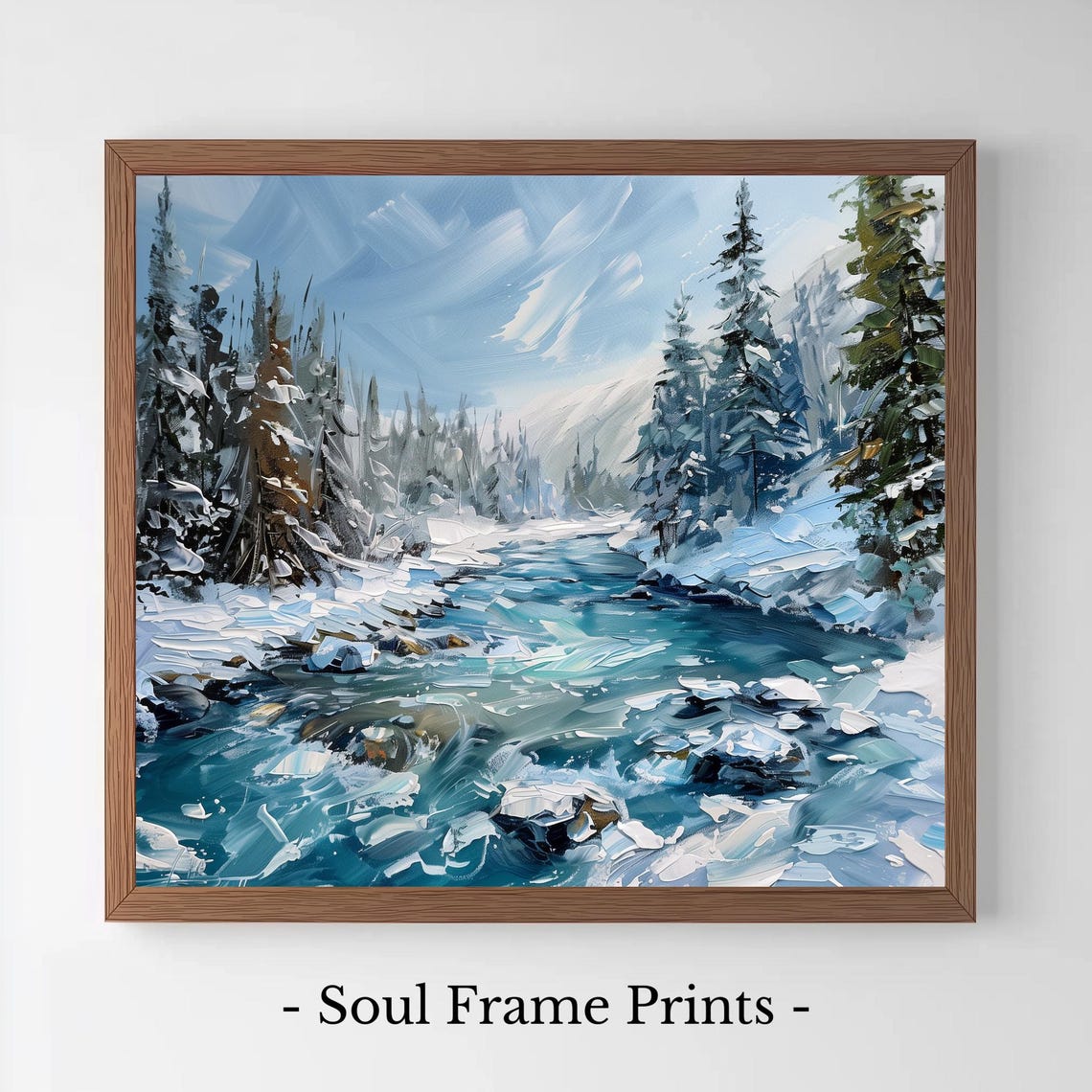 Turquoise Winter Mountain River Flowing Through Snowy Pines Poster