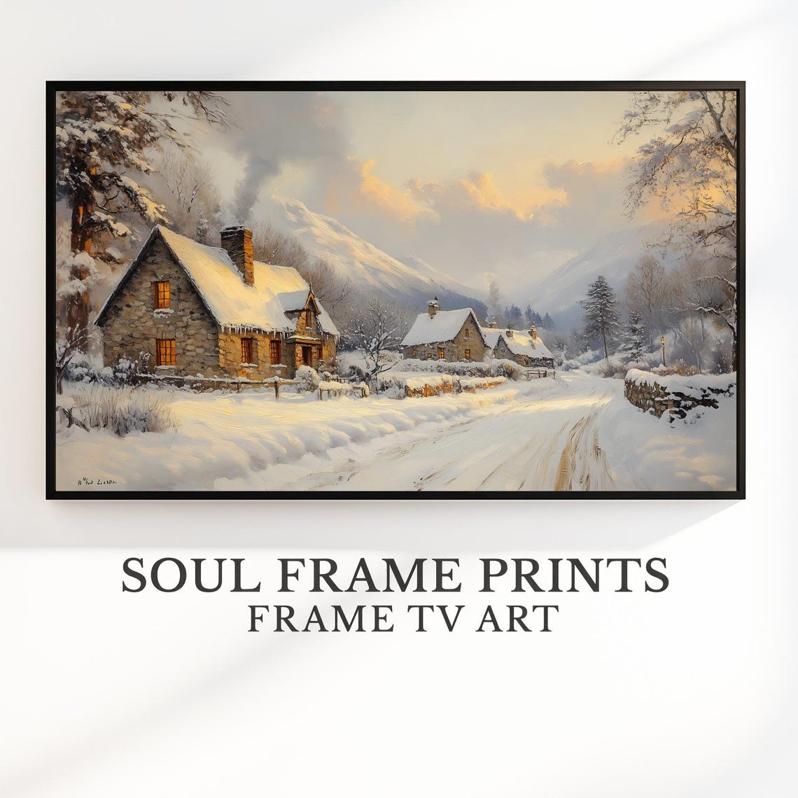 Snowy Stone Cottage Village at Winter Dusk Landscape Wall Art