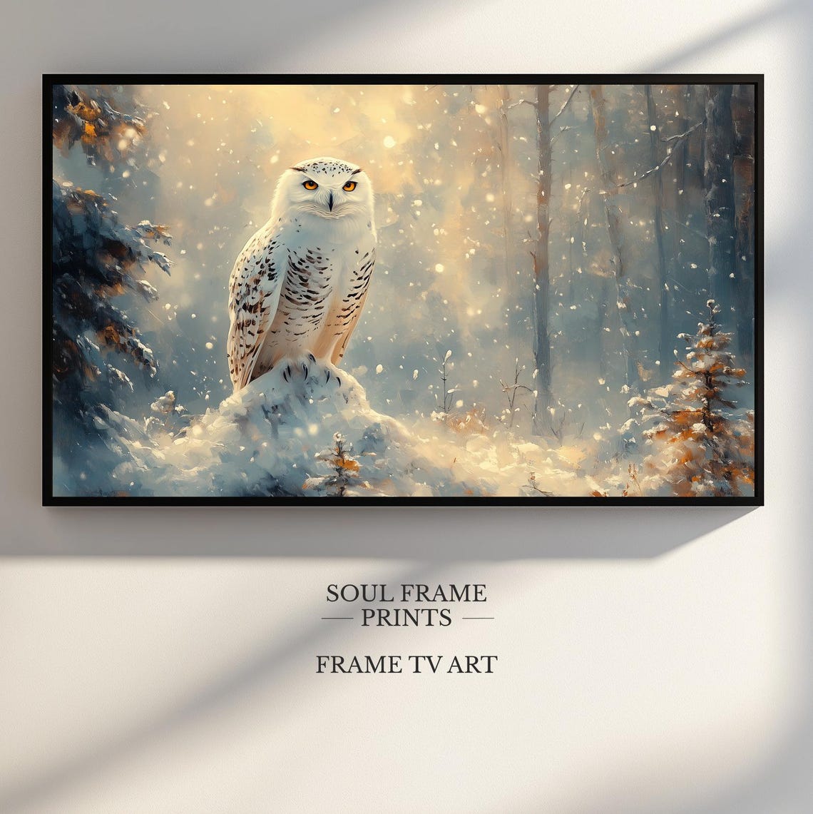 Golden Light Snowy Owl in Winter Snowfall Forest Painting Poster