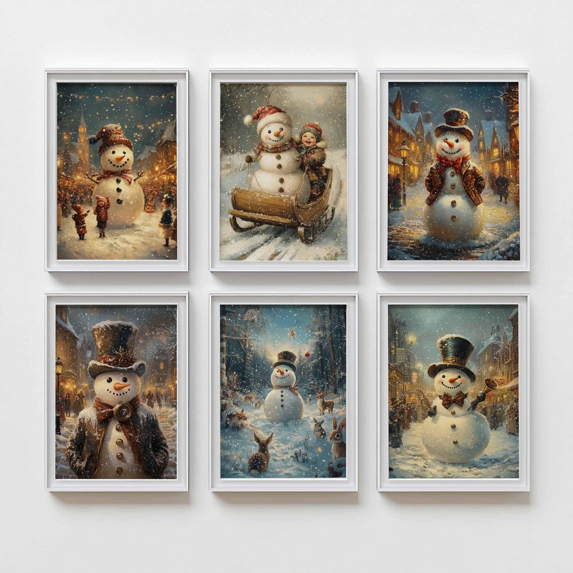 Set Of Six Vintage Snowman Christmas Winter Scene Gallery Poster