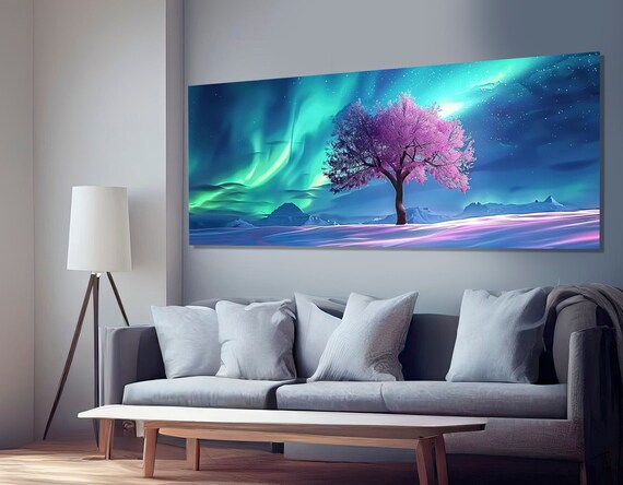 Abstract Northern Lights Landscape Blooming Tree In Aurora Borealis Print Northern Lights Painting Framed And Ready To Hang