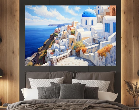 Scenic Santorini Print Santorini Island In Greece Wall Art Greek Wall Art Greece Print Santorini Painting Framed Ready To Hang