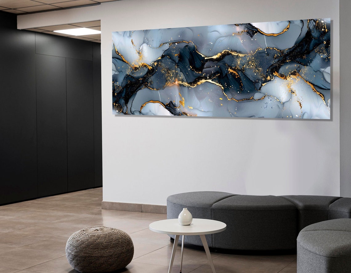 Navy Blue Marble Gold Veins Abstract Ink Fluid Modern Gallery Poster