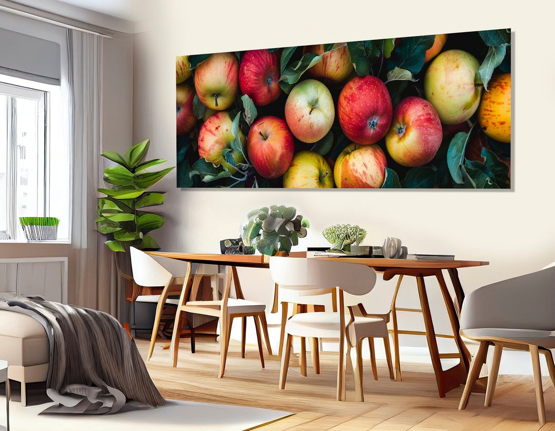 Fresh Red And Yellow Apples Branch Green Leaves Kitchen Wall Art Print