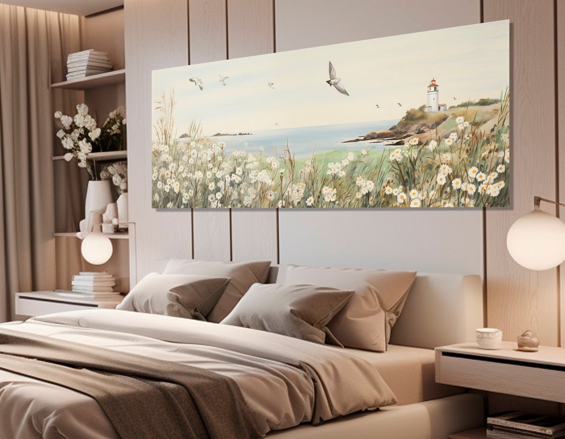 Daisy Field Coast Lighthouse Seagulls Soft Watercolor Seascape Poster - Image 4