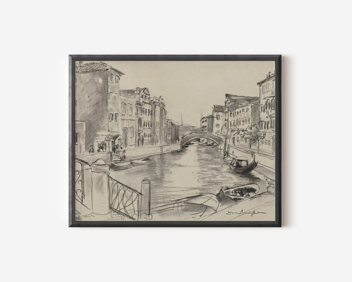 Vintage Venice Canal Drawing, Antique Cityscape Print - Image 2