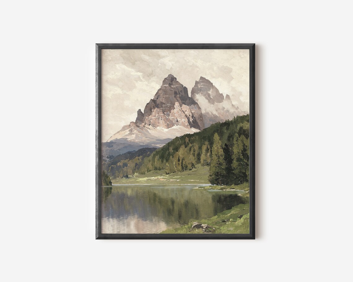 Mountain Oil-Painting Landscape Art Print, Rustic Cabin - Image 3