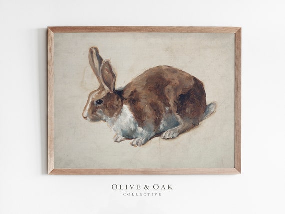 Vintage Rabbit Painting, Neutral Nursery Art Print
