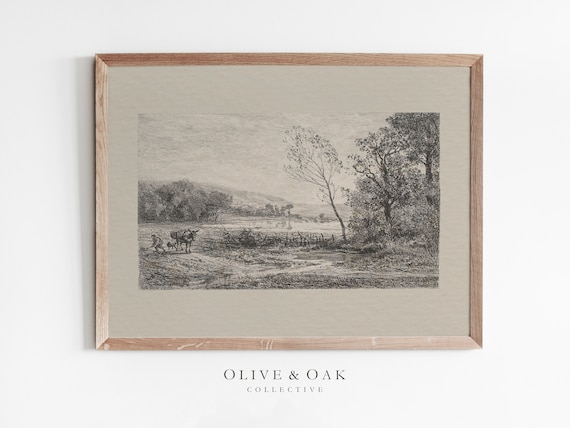 Neutral Landscape Sketch Vintage Farmhouse Decor Art Print